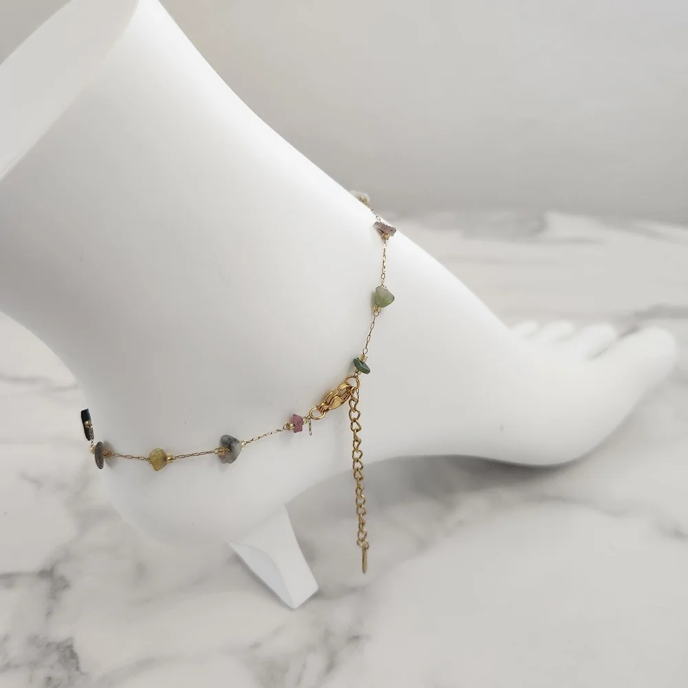 Minimalist Multicolor Dainty Stones 18K Gold Plated Anklet - Picture 10 of 15